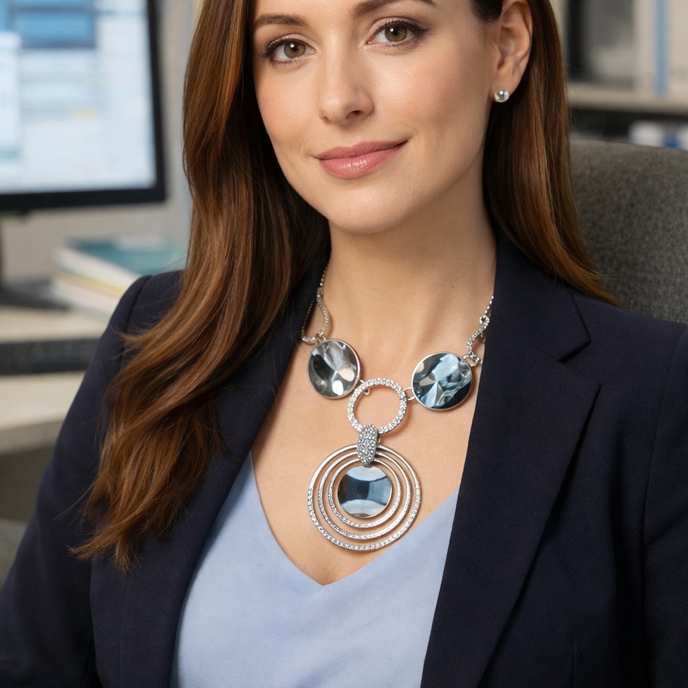 Liz Claiborne: Statement Silver Tone Crystal Circle Necklace – Office Chic Glam